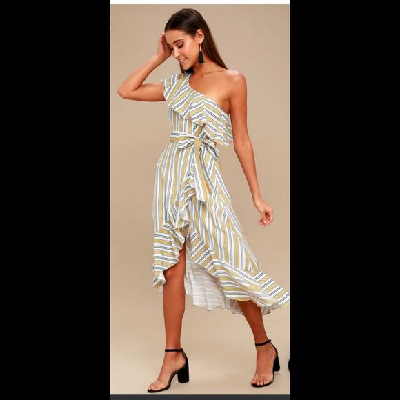Lulus High Tide Yellow Striped One Shoulder Midi Dress - Picture 1 of 7